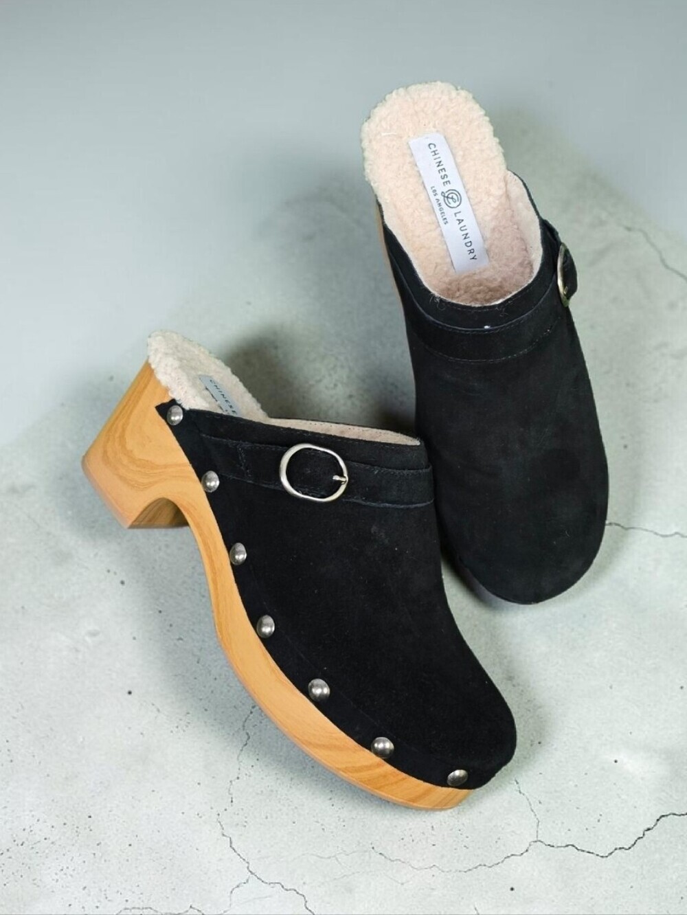 Chinese Laundry Carlie Faux Fur Lined Studded Clogs Size 7.5 Black